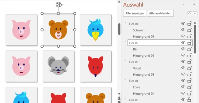 gruppierte Elemente im Auswahlbereich von PowerPoint