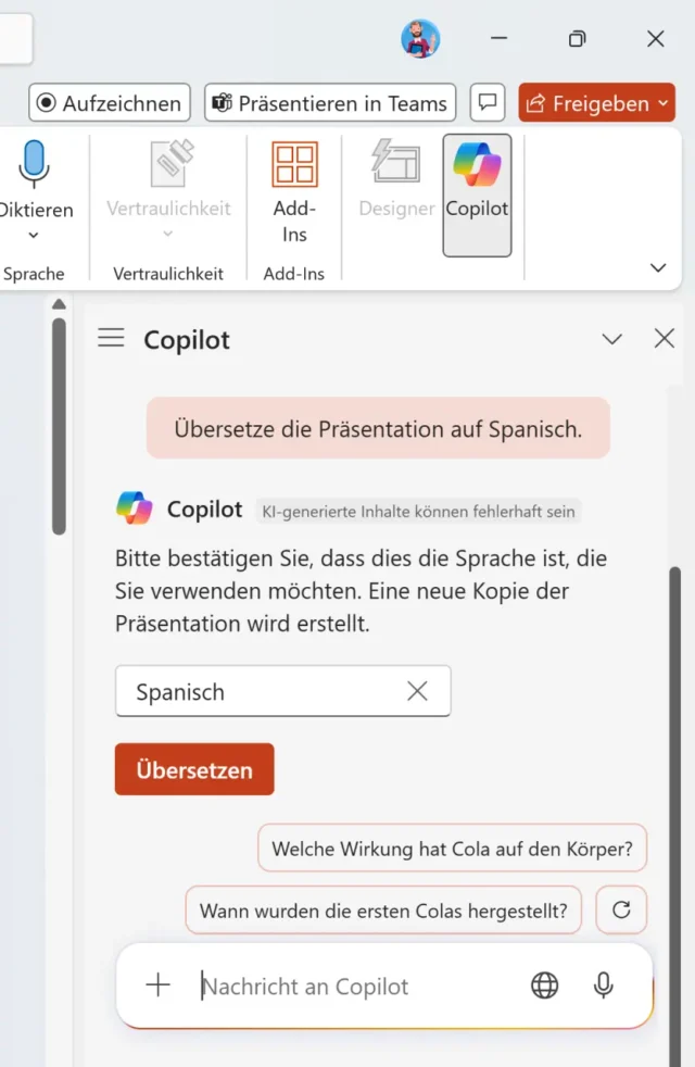 Copilot um Übersetzung bitten