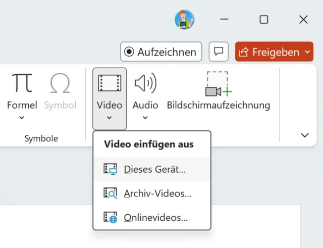 Video einfügen im Menüband von PowerPoint