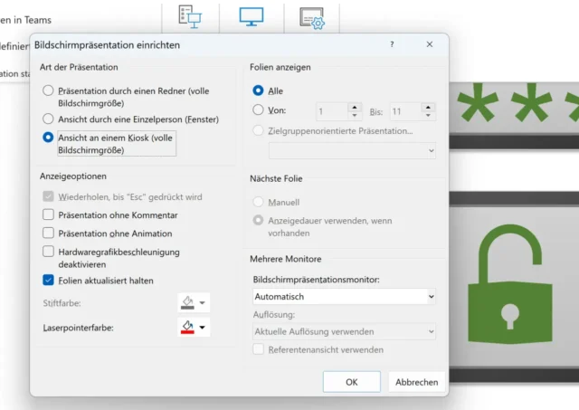 Ansicht an einem Kiosk in PowerPoint einstellen
