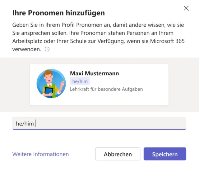 Pronomen hinzufügen in Microsoft Teams