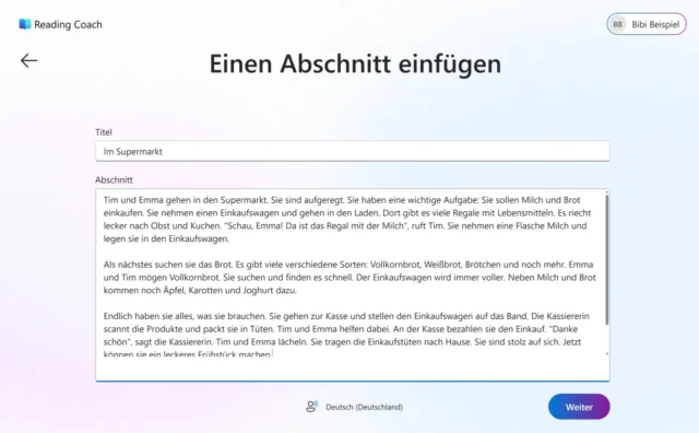 eigenen Abschnitt als Lesetext einfügen