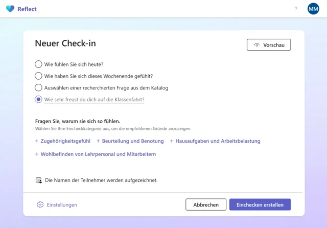 Benutzerdefinierte Frage für Check-in