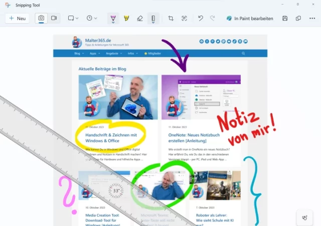 Stiftfunktionen für Notizen auf dem Screenshot