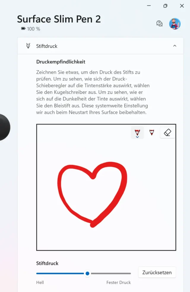 Stiftdruck in der Surface-App für Windows 11 einstellen