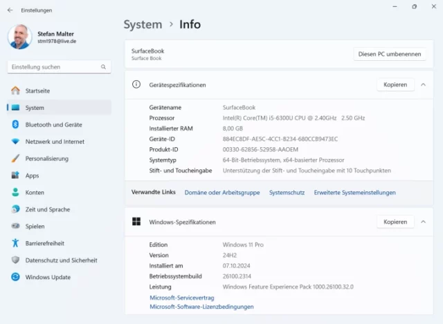 System-Info: Windows 11 auf Surface Book von 2015