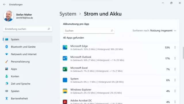 Akkunutzung einzelner Apps in Windows 11