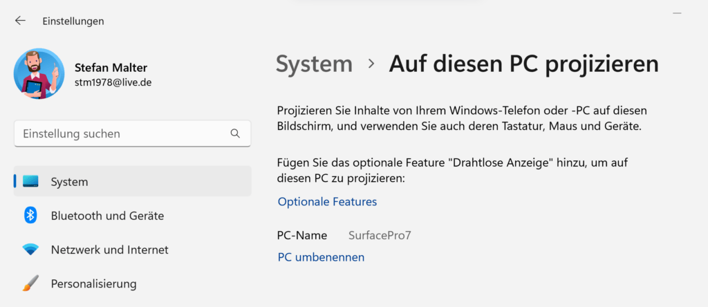 "Auf diesen PC projizieren" in den Einstellungen von Windows