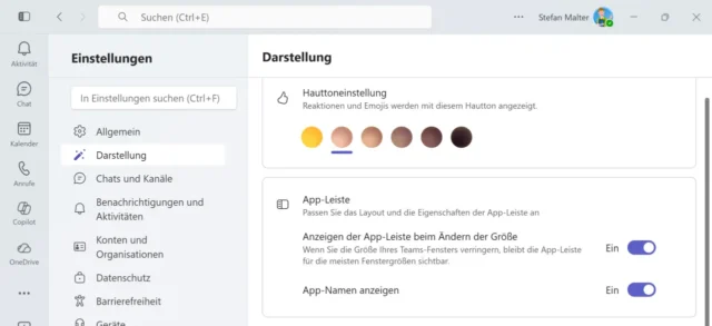 Einstellungen für Darstellung in Microsoft Teams