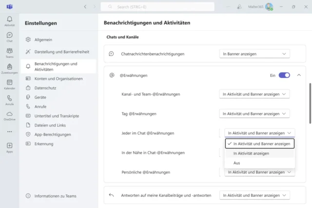 Benachrichtigungen anpassen in Microsoft Teams