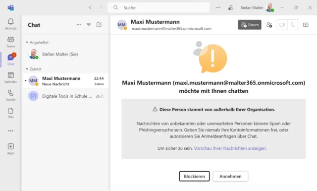Hinweis auf Chat-Nachricht von externem Kontakt