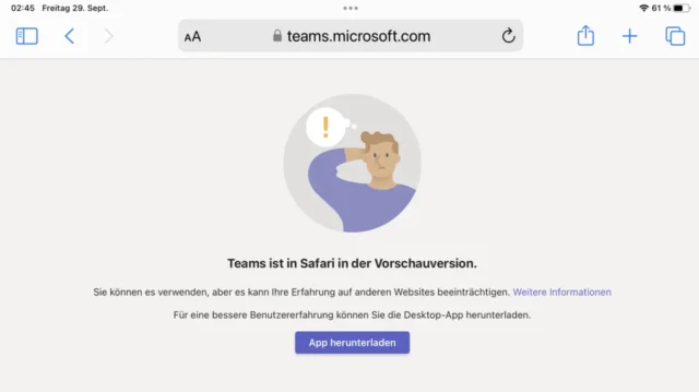 Hinweis zu Microsoft Teams im Browser Safari