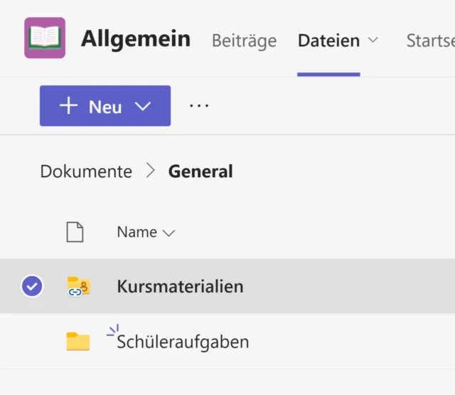 Ordner für Kursmaterialien in Microsoft Teams Education