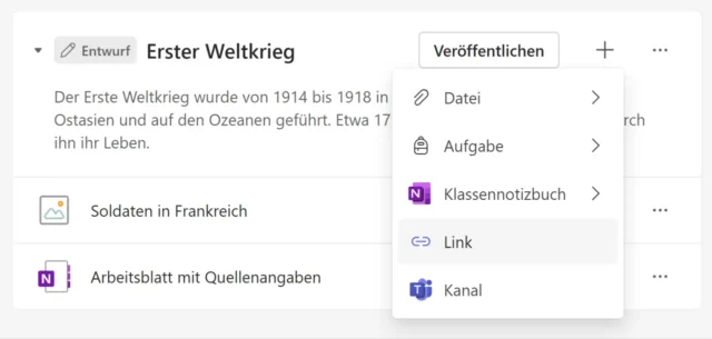 Ressourcen hinzufügen unter Kursarbeit
