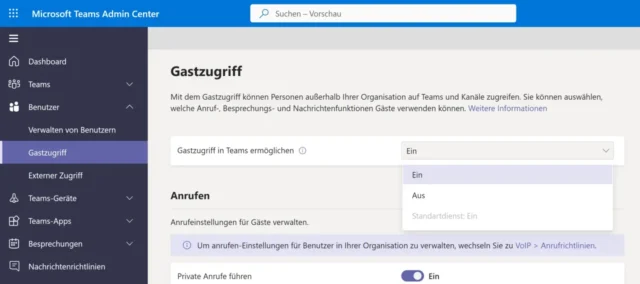 Gastzugriff im Microsoft Teams Admin Center