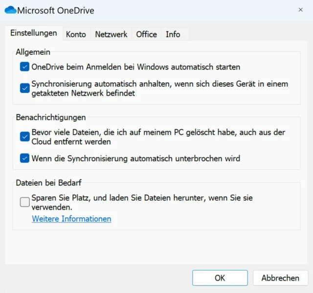 Dateien bei Bedarf in den Einstellungen von OneDrive