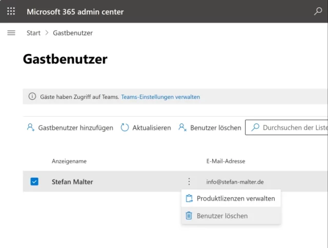 Gastbenutzer löschen im Admin Center