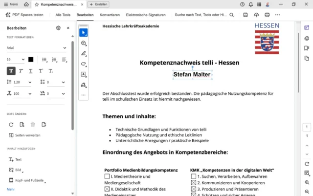 Kompetenznachweis für telli-Fortbildung mit änderbarem Namen