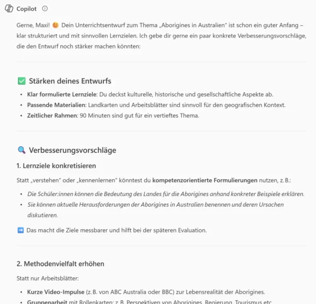 Feedback zum Unterrichtsentwurf von Microsoft Copilot