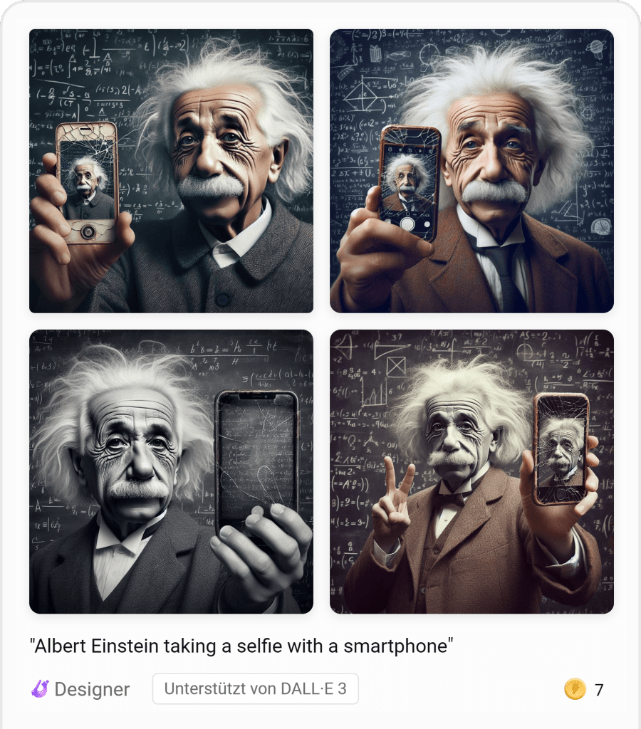 KI-generierte Bilder von Copilot: Albert Einstein mit Handy