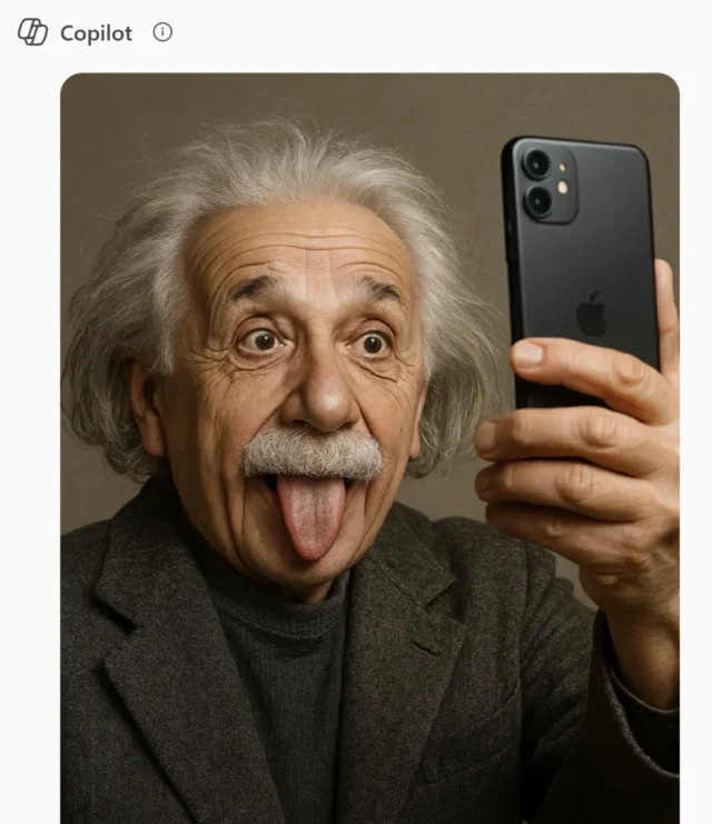 KI-generierte Bilder von Copilot: Albert Einstein mit Handy