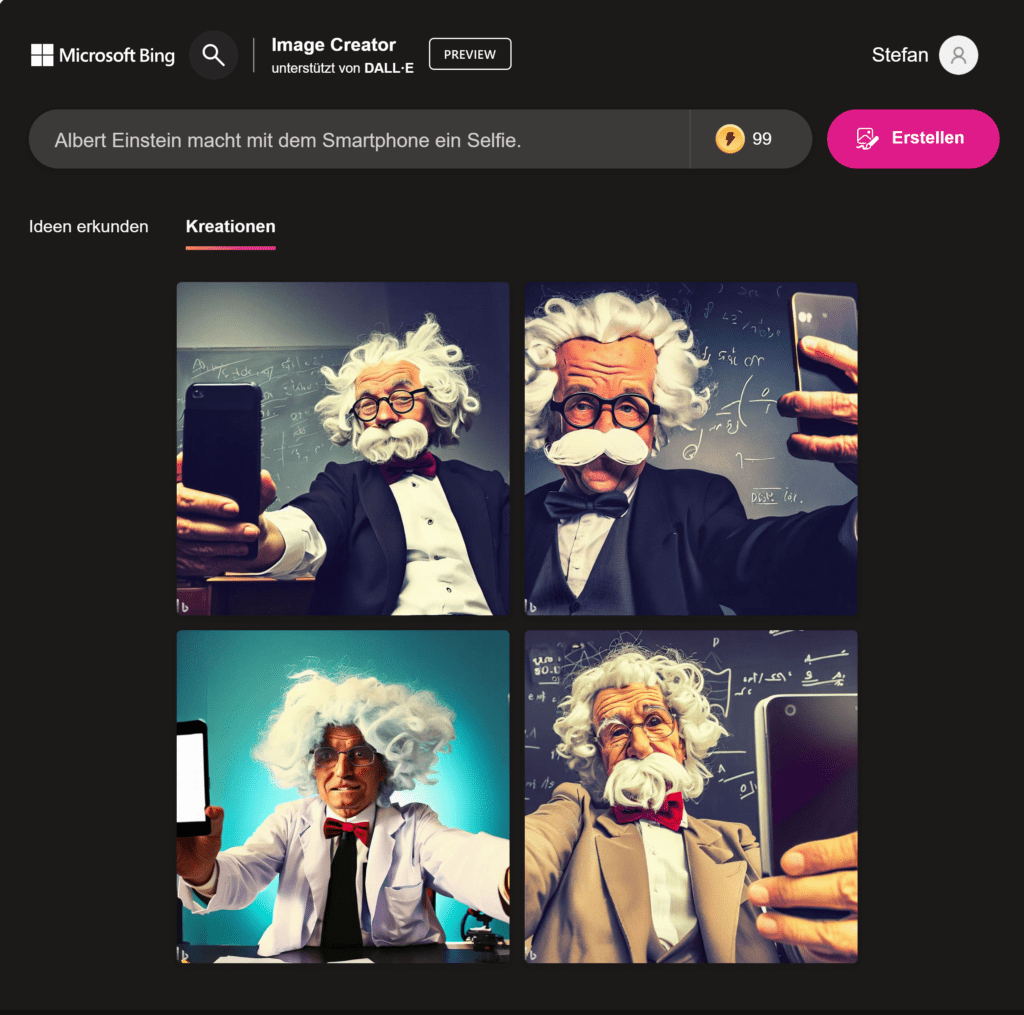 Bilder vom Bing Image Creator: Albert Einstein mit Handy