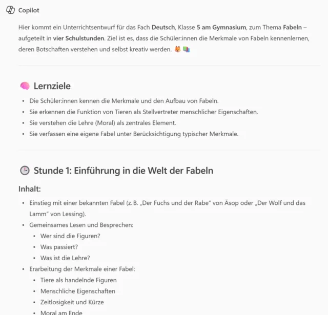 Unterrichtsentwurf zum Thema Fabeln - erstellt von Microsoft Copilot