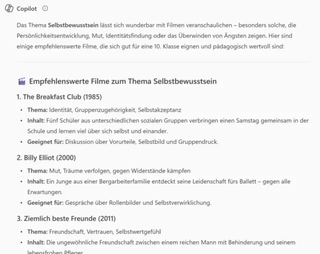 Tipps für Filme im Unterricht von Microsoft Copilot