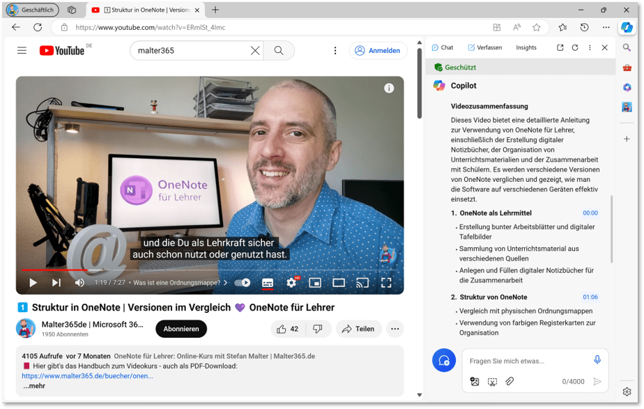 Screenshot von Microsoft Edge mit geöffnetem YouTube-Video und Copilot in der Seitenleiste