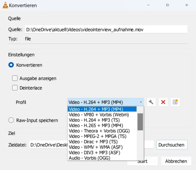 Einstellungen für Videoformat auswählen
