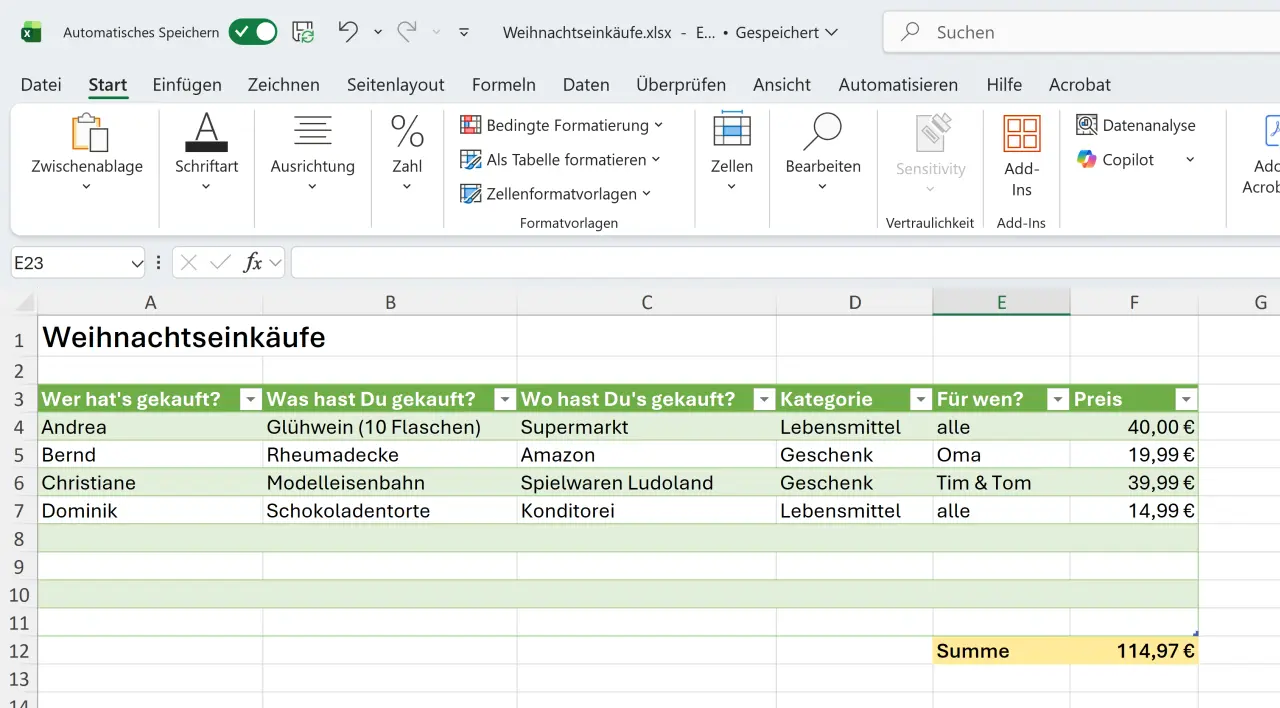 Weihnachtseinkäufe nachhalten mit Microsoft Excel