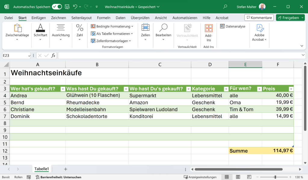 Weihnachtseinkäufe nachhalten mit Microsoft Excel