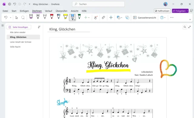 Noten für Weihnachtslieder in Microsoft OneNote