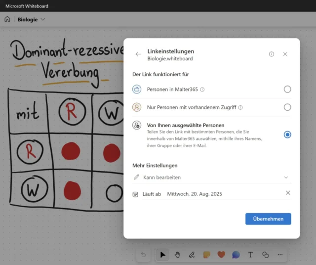 Linkeinstellungen für geteiltes Whiteboard