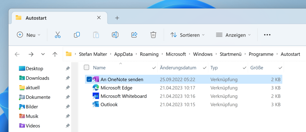 Verknüpfungen im Autostart-Ordner von Windows 11