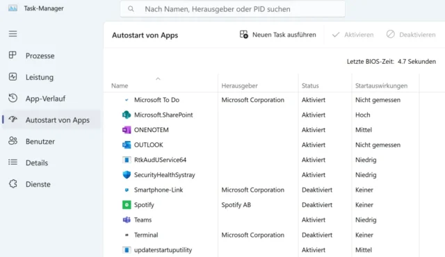 Autostart von Apps im Task Manager von Windows 11
