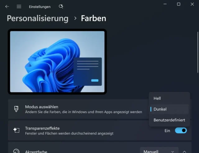 Einstellung für Dark Mode in Windows 11