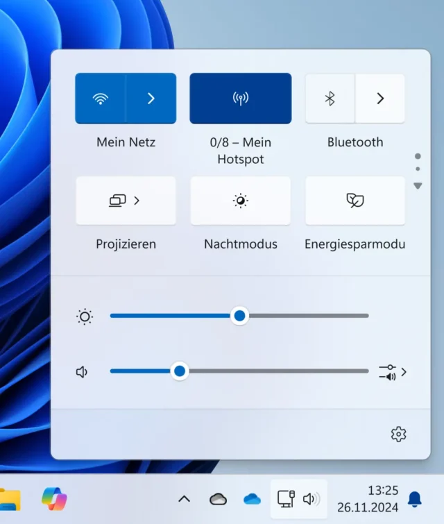 Hotspot aktivieren in den Schnelleinstellungen von Windows 11