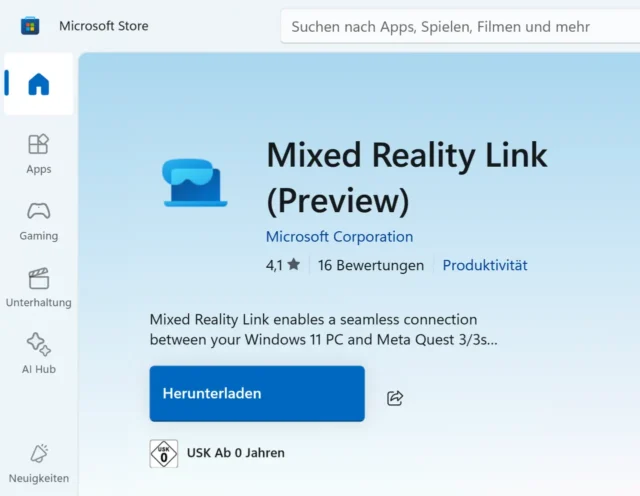 Mixed Reality Link im Microsoft Store