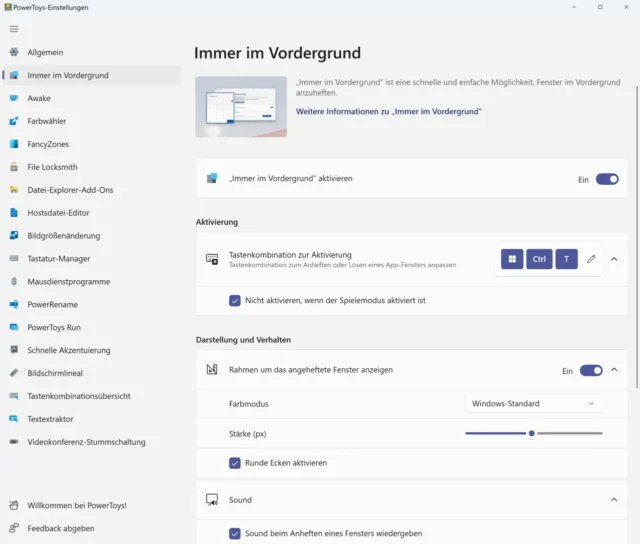Einstellungen für "Immer im Vordergrund"