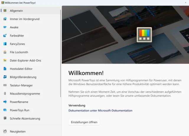 Startbildschirm der Microsoft PowerToys