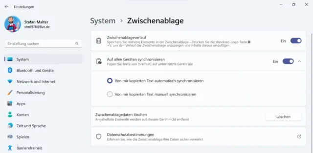 Einstellungen für die Zwischenablage in Windows 11