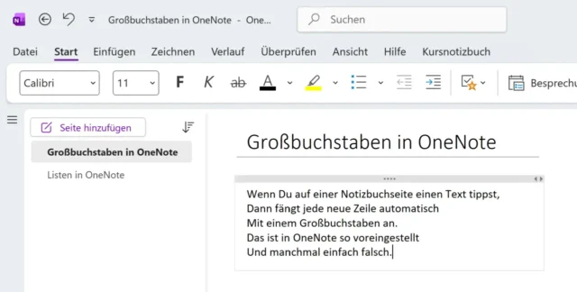 automatische Großbuchstaben bei jeder Zeile in OneNote
