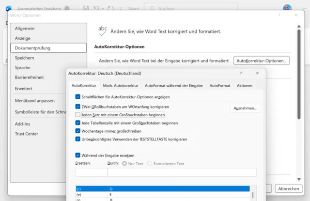 AutoKorrektur-Optionen in Microsoft Word