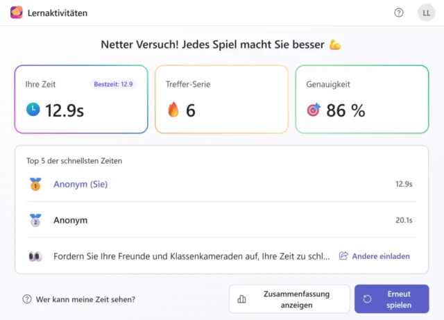 Auswertung der Lernaktivität Zuordnung