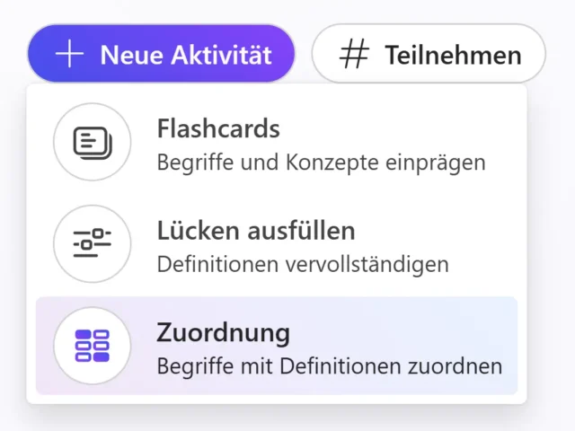 Neue Aktivität erstellen und Zuordnung auswählen
