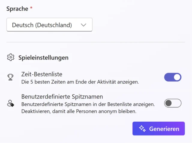 Optionen für Lernaktivität Zuordnung