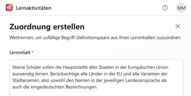 Lerninhalt für Zuordnung beschreiben