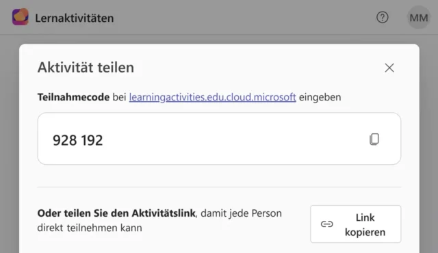 Aktivität teilen per Zahlencode oder Link