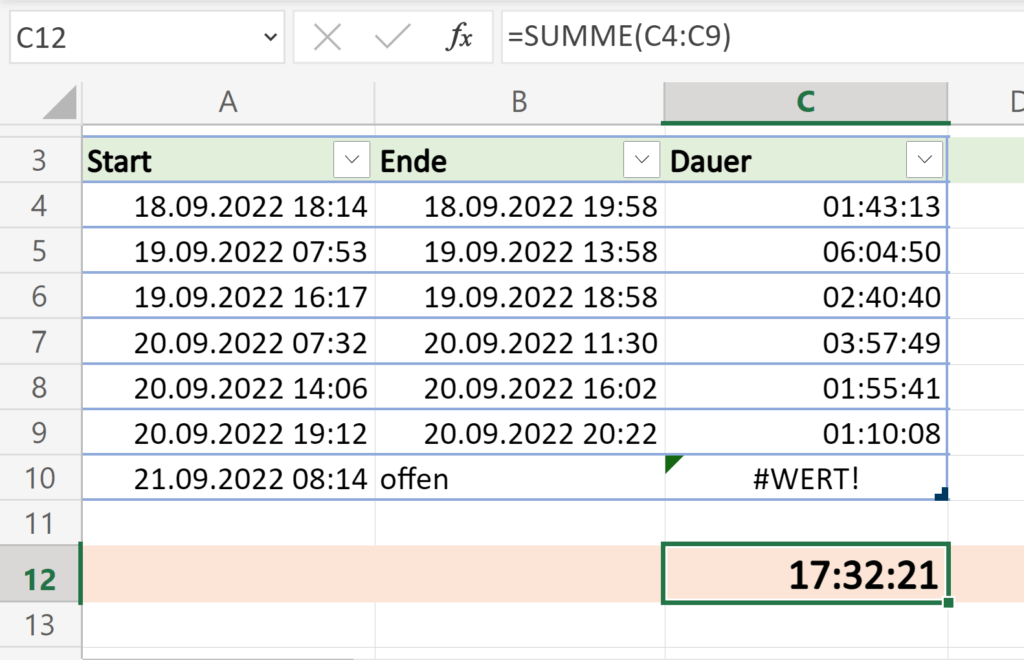 Differenzen und Summe in Microsoft Excel